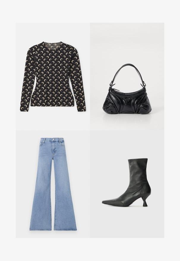 Ilga rankovė juoda golfo maikutė su pakartotiniu smailių mėnulio raštu smėlio spalva. Yra apvalus iškirpimas ir švelni, elastinga medžiaga.; Šviesiai mėlyni šviesi džinsai, pagaminti iš džinsinio audinio, su aukštu liemeniu, penkių kišenių dizainu ir subtiliomis siuvimo detalėmis palei siūles.; Juoda odinė kulkšniniu boot su smailiu pirštu, tekstūruotu pirštų dangčiu ir siauru, kūgišku kulnu. Lygus paviršius su subtiliomis siuvimo detalėmis.; Juodas rankinukas, pagamintas iš tekstūruotos odos, su suapvalinta forma. Jame yra plonas peties diržas ir dekoratyviniai įspausti raštai.