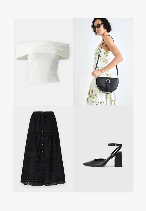 Bílý top s odhalenými rameny, s plisovaným, strukturovaným výstřihem a přiléhavým živůtkem. Vyrobeno z měkké tkaniny s hladkou texturou.; Černá bavlněná maxi sukně s vrstveným designem, vertikálními krajkovými průstřihy a zapínáním na knoflíky vpředu, texturovaný detail lemování.; Černé kožené lodičky se špičatou špičkou, kotníkovým páskem a silným podpatkem. Hladká textura, elegantní design a minimalistická estetika.; Černá kožená kabelka s křivkovým tvarem, odnímatelným popruhem a zlatými detaily. Kabelka má klopu s přezkou.