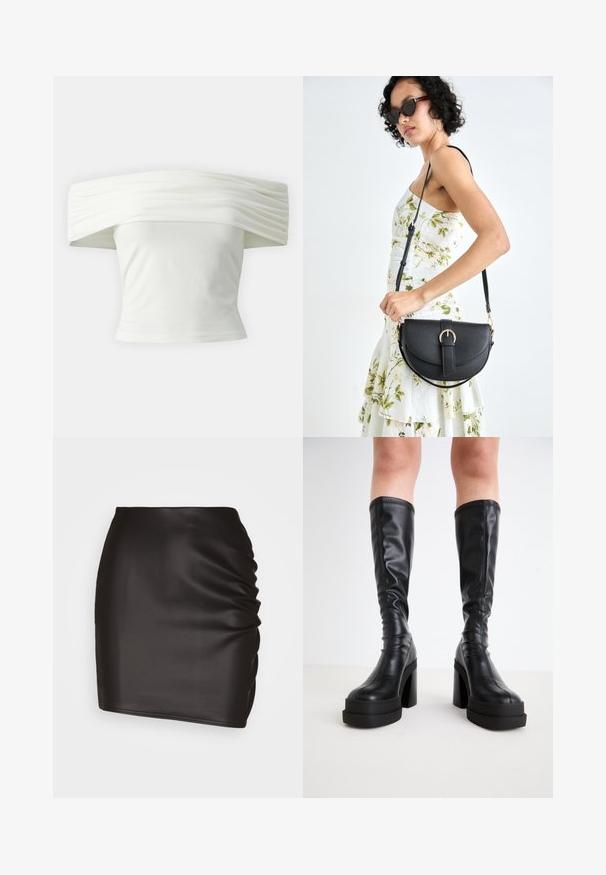 Biała bluzka na ramiączkach z plisowanym, ustrukturyzowanym dekoltem i dopasowanym fasonem. Wykonana z miękkiego materiału o gładkiej teksturze.; Czarna mini spódnica wykonana z gładkiego materiału syntetycznego, z marszczonym wykończeniem z jednej strony i dopasowanym krojem.; Czarne, sięgające do kolan botki z gładkiej skóry, z grubą platformą i słupkowym obcasem, ozdobione przeszyciami wzdłuż krawędzi.; Czarna skórzana torebka o zakrzywionym kształcie, z odpinanym paskiem i złotymi akcentami. Torebka posiada klapę z zapięciem w kształcie klamry.