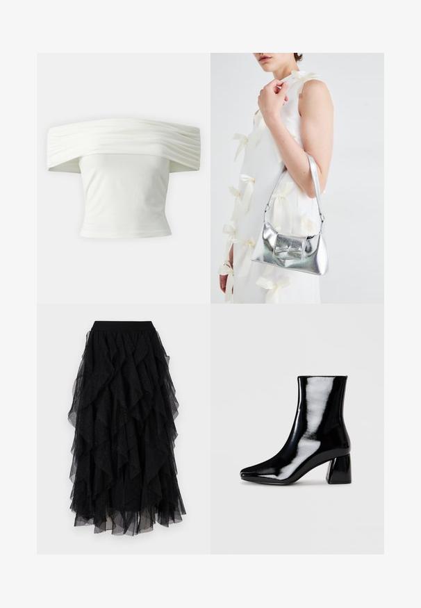 Õlavarrelt avatud valge topp, millel on volditud, struktureeritud kaelus ja istuv bodi. Valmistatud pehmest kangast, millel on sile tekstuur.; Must tüllseelik, millel on kihilised volangid, pehme tekstuur ja delikaatsed sädelevad aktsendid. Elastne vöökoht pakub mugavat istuvust.; Mustast lakknahast pahkluu saabas terava varba ja robustse kandega, millel on läikiv pind ja sile tekstuur.; Hõbedane metallik käekott struktureeritud kujuga, millel on ülemine sang ja ettepoole suunatud paeladetail. Sile tekstuur, peegeldav viimistlus.