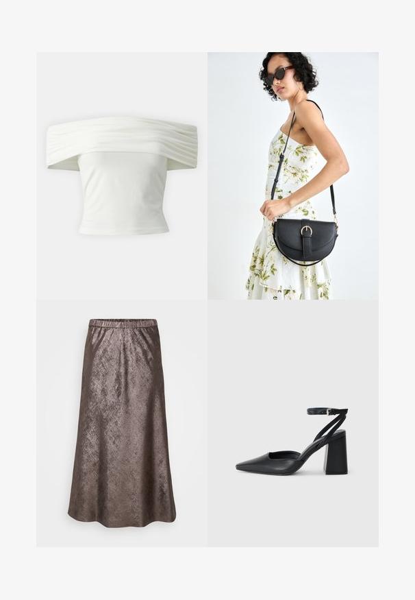 Off-shoulder hvit topp med plisserte, strukturerte ermer og tettsittende liv. Laget av mykt stoff med en jevn tekstur.; Metallisk brun midi-skjørt, elastisk midjebånd, glatt tekstur, A-linje silhuett, subtilt reflekterende overflate med en myk glans.; Svart lær pumps med spiss tå, ankelrem og kraftig hæl. Flat tekstur, strømlinjeformet design og minimalisme.; Svart lærveske med en buet form, avtagbar stropp og gullbeslag. Vesken har et klaff med spenne-detall.