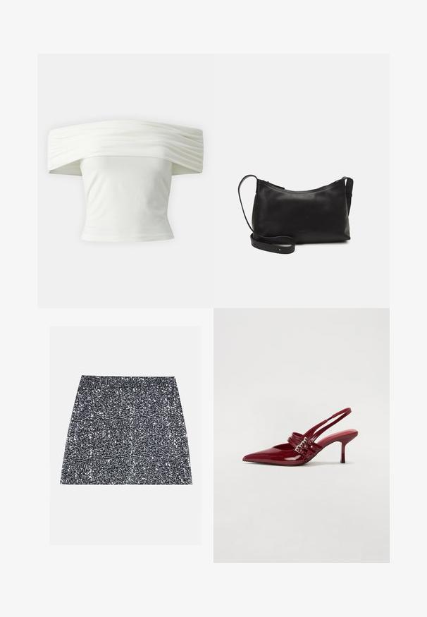 Váll alatt viselhető fehér blúz, redőzött, struktúrált dekoltázzsal és szabott, testhezálló fazonnal. Puha anyagból készült, sima textúrával.; Ezüst flitterekkel díszített mini szoknya, amely texturált mintával és egyenes szabással rendelkezik. Az anyag fényes és tükröződő hatású.; Piros lakkbőr slingback sarokcipő, hegyes orral, két csatoló pánttal és vékony, közepes magasságú stiletto sarokkal. Simább textúrájú.; Fekete bőr válltáska sima felülettel, ívelt formával, állítható pánttal és cipzáras záródással. Minimalista dizájn díszítmények nélkül.