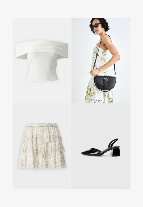 Bijela majica s nedovoljno ramena s nabranim, strukturiranim izrezom i uskim tijelom. Izrađena od mekanog materijala s glatkom teksturom.; Bijela suknja s višeslojnim, naboranim dizajnom. Ima delikatan cvjetni uzorak u ružičastoj i zelenoj boji. Elastična linija struka za udobnost.; Crne lakirane kožne sandale s otvorenom petom i špicastim vrhom, s geometrijskom blok petom. Imaju elegantan, minimalistički dizajn i glatku teksturu.; Crna kožna torba s lukovitim oblikom, odvojivim remenom i zlatnim detaljima. Torba ima preklop s kopčom.
