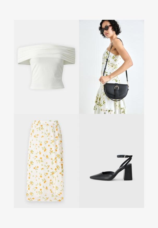 Haut blanc décolleté avec un col structuré plissé et un buste ajusté. Fabriqué en tissu doux avec une texture lisse.; Jupe longue florale en tissu léger, base blanche avec des fleurs orange et vertes dispersées, taille élastique, design fluide.; Escarpin noir en cuir à bout pointu avec une bride de cheville et un talon épais. Texture lisse, design élégant et esthétique minimaliste.; Sac à main en cuir noir avec une forme courbée, bandoulière amovible et des accessoires en or. Le sac est doté d'un rabat avec un détail de boucle.