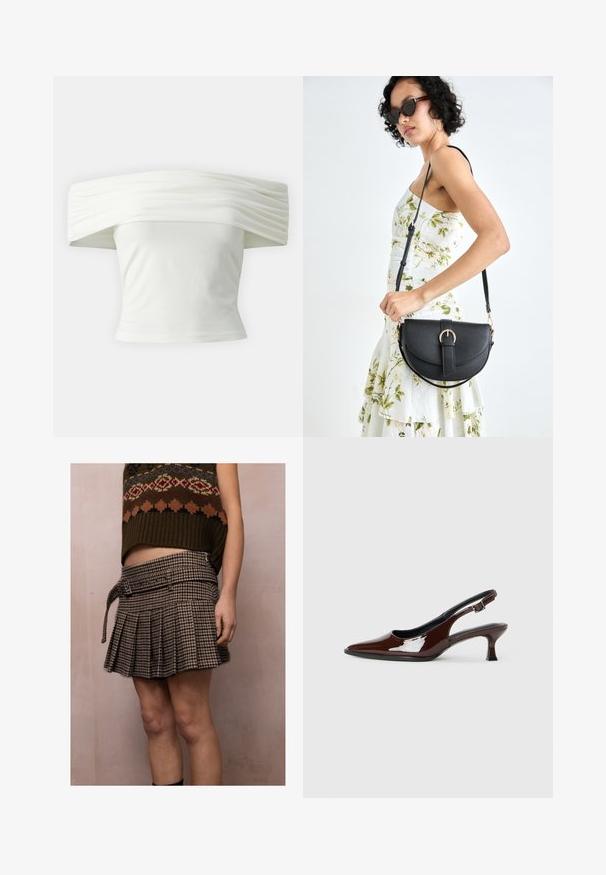 Off-the-shoulder white top with pleated, structured neckline and fitted bodice. Made from soft fabric with a smooth texture.; Person wearing a brown patterned sleeveless sweater and a high-waisted pleated plaid mini skirt with a belt against a plain wall.; Brown patent leather slingback shoe with a pointed toe and a moderate heel. Features a buckle strap for secure fit. Smooth texture.; Black leather handbag with a curved shape, detachable strap, and gold hardware. The bag features a flap with a buckle detail.