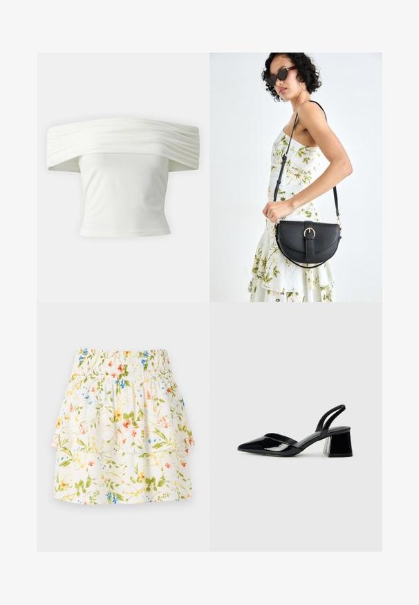 Off-the-shoulder white top with pleated, structured neckline and fitted bodice. Made from soft fabric with a smooth texture.; Floral patterned skirt with a smocked waistband, ruffled layers, and a white background featuring green, red, and blue flowers.; Black patent leather slingback heels with a pointed toe and a geometric block heel. Features a sleek, minimal design and smooth texture.; Black leather handbag with a curved shape, detachable strap, and gold hardware. The bag features a flap with a buckle detail.