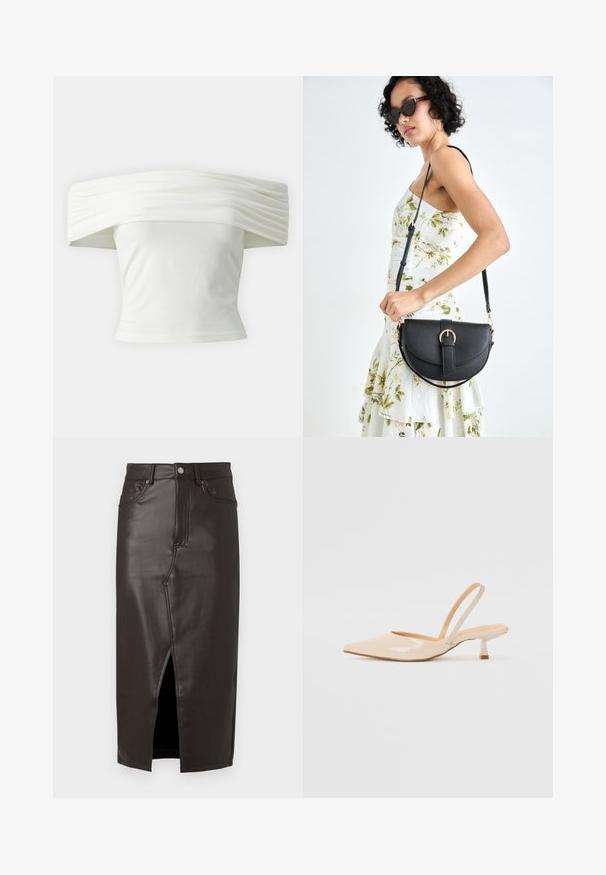 Off-the-shoulder white top with pleated, structured neckline and fitted bodice. Made from soft fabric with a smooth texture.; Brown leather midi skirt with a front slit, five-pocket design, and metal button closure. Smooth texture and tailored fit.; Beige patent leather slingback heels with pointed toe and a slim, square heel. Smooth texture and minimalist design with no embellishments.; Black leather handbag with a curved shape, detachable strap, and gold hardware. The bag features a flap with a buckle detail.