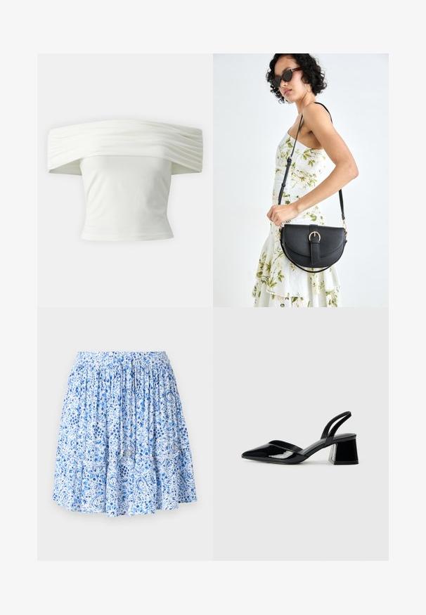 Top bianco off-the-shoulder con scollatura plissettata e strutturata e corpino aderente. Realizzato in tessuto morbido con una consistenza liscia.; Gonna azzurro chiaro con motivo floreale e paisley, cintura elastica arricciata, balze a strati e dettagli con cordini con estremità metalliche.; Décolleté in vernice nera con punta affusolata e tacco in geometria cubica. Presentano un design elegante e minimalista, con una texture liscia.; Borsa a tracolla nera in pelle con una forma curva, manico rimovibile e accessori dorati. La borsa presenta una patta con un dettaglio a fibbia.