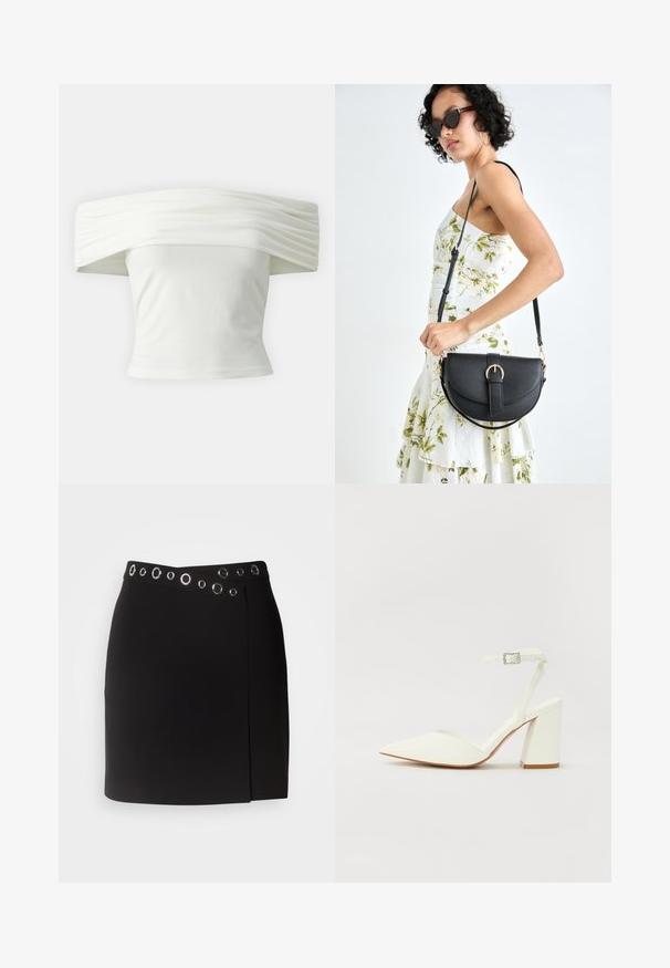 Off-shoulder vit topp med plisserad, strukturerad halsringning och åtsittande midja. Tillverkad av mjukt tyg med en slät yta.; Morgan JILLY - Omlottkjol - noir; Vit klacksandals med spetsig tå, justerbar ankelrem och en kraftig fyrkantig klack. Slät textur med minimala sömnadsdetaljer.; Svart läderhandväska med en böjd form, avtagbar rem och guldiga detaljer. Väskan har ett lock med en spänndetalj.