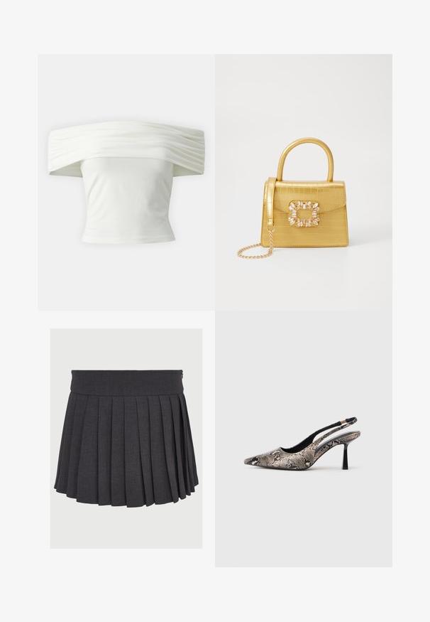 Off-the-shoulder white top with pleated, structured neckline and fitted bodice. Made from soft fabric with a smooth texture.; Gray pleated skirt with a flat waistband and zipper closure, made from a textured fabric, featuring evenly spaced deep pleats.; Pointed-toe slingback shoes made of textured snake print material, featuring a slender black heel and a cutout design on the sides.; Yellow faux-crocodile handbag with a structured design, top handle, detachable chain strap, and decorative crystal embellishment on the clasp.