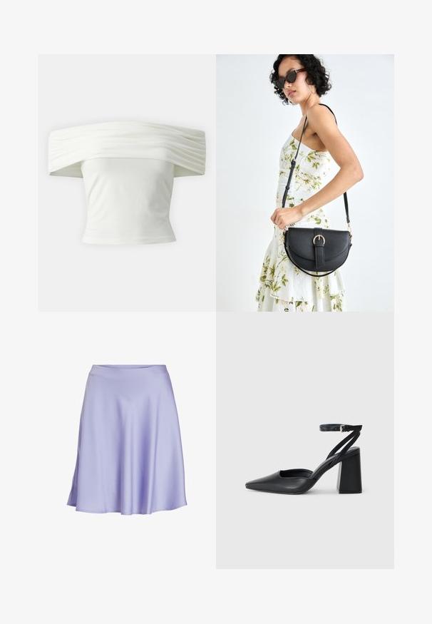 Top branco off-the-shoulder com decote plissado e estruturado e corpete ajustado. Feito de um tecido suave com uma textura lisa.; Saia de cetim lavanda clara com forma em A, textura suave e um brilho subtil, apresentando uma cinta lisa e barra esvoaçante.; Sandal com biqueira afilada em couro preto, com cinta no tornozelo e salto grosso. Textura lisa, design elegante e estética minimalista.; Bolsa de couro preta com forma curva, alça destacável e detalhes em dourado. A bolsa possui uma aba com detalhe de fivela.