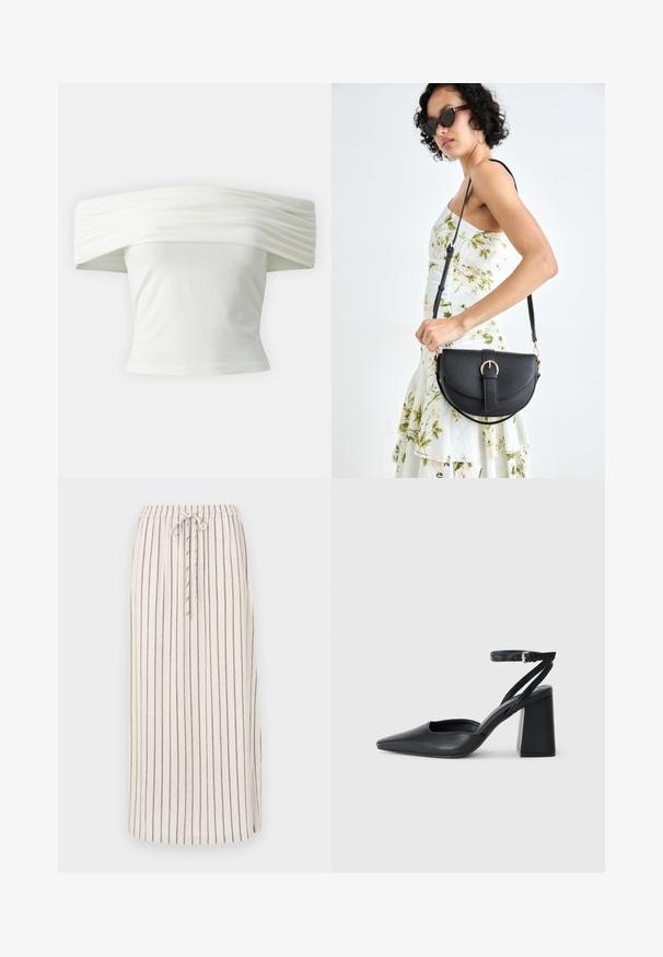 Biely top bez ramienok s prešívaným, strukturovaným dekoltom a priliehavým telom. Vyrobený z mäkkej látky s hladkou textúrou.; Svetlo béžová ľanová sukňa s vertikálnymi tmavými prúžkami, elastickým pásom a šnúrkou. Má bočný rozparok na leme pre pohodlný pohyb.; Čierne kožené lodičky s špicatou špičkou a členkovým remienkom, s masívnym podpätkom. Hladký povrch, elegantný dizajn a minimalistická estetika.; Čierna kožená kabelka s zaobleným tvarom, odnímateľným popruhom a zlatými doplnkami. Kabelka má klopu s detailom s prackou.