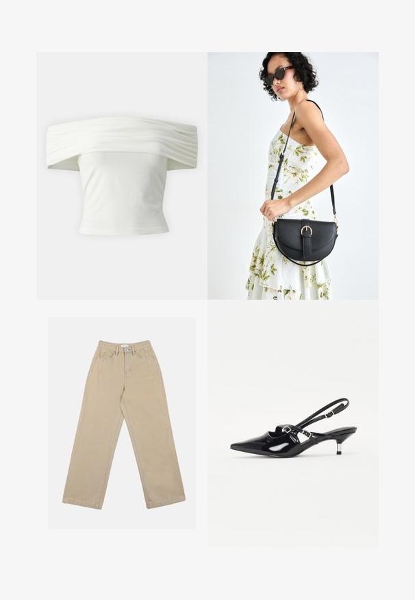 Top branco off-the-shoulder com decote plissado e estruturado e corpete ajustado. Feito de um tecido suave com uma textura lisa.; Calças largas em beje feitas de denim, apresentando uma cintura alta, bolsos frontais e costura em contraste. O design inclui um fecho com botão.; Sapatos slingback de couro verniz preto com bico pontiagudo, salto estreito e tira ajustável na parte superior do pé. Textura suave.; Bolsa de couro preta com forma curva, alça destacável e detalhes em dourado. A bolsa possui uma aba com detalhe de fivela.