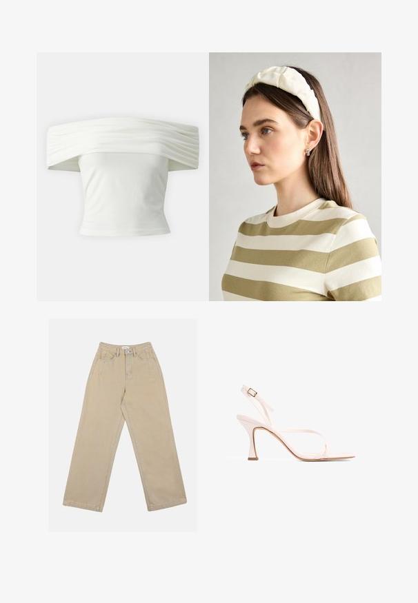 Off-the-shoulder white top with pleated, structured neckline and fitted bodice. Made from soft fabric with a smooth texture.; Beige wide-leg pants made of denim, featuring a high waist, front pockets, and contrasting stitching. The design includes a button closure.; Pink strappy high-heel sandal with a slender design, square toe, and a tapered heel. Features adjustable ankle strap and smooth texture.; Cream padded headband with twisted design, paired with a beige and white striped shirt featuring a round neckline. Subtle jewelry accents.
