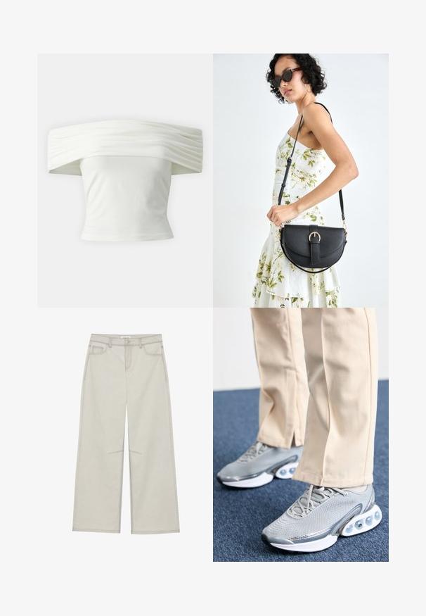 Õlavarrelt avatud valge topp, millel on volditud, struktureeritud kaelus ja istuv bodi. Valmistatud pehmest kangast, millel on sile tekstuur.; Heledad hall-gajused püksid, viie taskuga, ette nööpidega kinnitamine ja kontrastne õmblus. Kangas paistab pehme ja vastupidav.; Halluxhallutus, pehmendava talla ja võrgu ülemine osa; tallas on lisatoeks väikesed õhkblödid.; Mustmust mustraha kõverate joontega, eemaldatava rihmaga ja kuldsete detailidega. Kotil on klapp, millel on pandladetail.