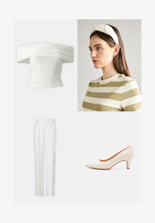 Bela majica s spuštenimi rameni, z nabranim in strukturiranim izrezom ter tesnim pasom. Narejena iz mehkega blaga z gladko teksturo.; Bela hlače s črtastim vzorcem in ravnim krojem, izdelane iz lahkega materiala. Imajo naborke spredaj in tradicionalen pas.; Bela usnjena visokoprofilna čevlja z ostrim nosom in ožjim, rahlo nagnjenim peto. Gladka tekstura z minimalističnim dizajnom in rjavim podplatom.; Kremna ušesna traka s prepletenim dizajnom, uparjena s bež in belimi črtastimi majicami z okroglim izrezom. Diskretni nakit.