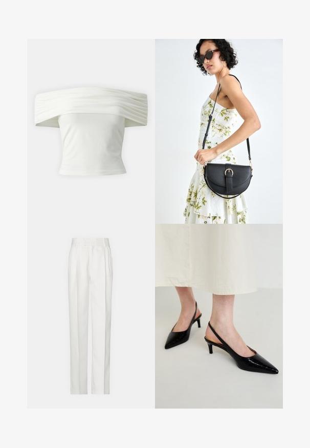 Top bianco off-the-shoulder con scollatura plissettata e strutturata e corpino aderente. Realizzato in tessuto morbido con una consistenza liscia.; Pantaloni bianchi a righe sottili con un design a gamba dritta, realizzati in un tessuto leggero. Presentano pince sul davanti e una vita tradizionale.; Tacchi slingback neri a punta con motivo in pelle di coccodrillo, tacco sottile e design aperto sul retro. Il materiale sembra lucido e elegante.; Borsa a tracolla nera in pelle con una forma curva, manico rimovibile e accessori dorati. La borsa presenta una patta con un dettaglio a fibbia.