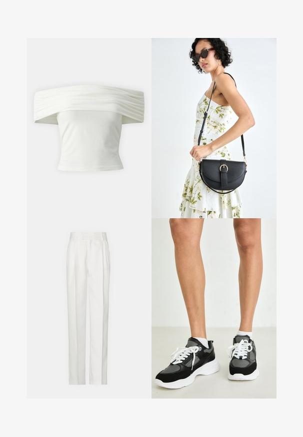 Top branco off-the-shoulder com decote plissado e estruturado e corpete ajustado. Feito de um tecido suave com uma textura lisa.; Calças brancas com riscas verticais e um design de perna reta, feitas de um tecido leve. Apresentam pregas na frente e uma cintura tradicional.; Ténis atléticos em preto e cinza, feitos de materiais em malha e camurça, com atacadores brancos e sola grossa branca. Meias visíveis acima dos ténis.; Bolsa de couro preta com forma curva, alça destacável e detalhes em dourado. A bolsa possui uma aba com detalhe de fivela.