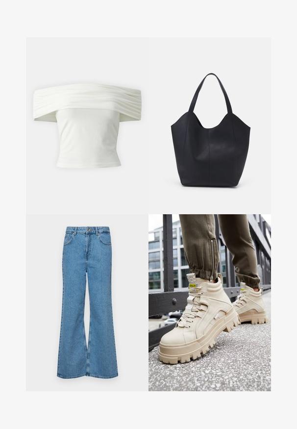 Õlavarrelt avatud valge topp, millel on volditud, struktureeritud kaelus ja istuv bodi. Valmistatud pehmest kangast, millel on sile tekstuur.; Heledad sinine flared teksade rõivad, millel on kõrge talje, viis taskut ja üks nupulukk. Pehme tekstuur ja pleekinud viimistlus.; Beezhi kõrged spordijalatsid, millel on paks ja tekstureeritud tald, paeltega kinnitamine ja kollased aktsent sildid. Tekstureeritud nahk peal, kontrastsete õmblustega.; Must must kinnas must rinna, millel on kaarjas avatud ülemine osa, kaks õlarihma ja minimalistlik disain.