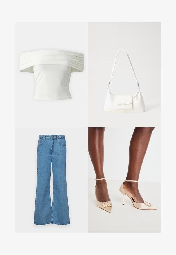 Top blanco sin mangas con cuello estructurado y plisado, y un torso ajustado. Confeccionado en un tejido suave con una textura lisa.; Jeans acampanados de color azul claro hechos de denim, con una cintura alta, cinco bolsillos y un cierre de botón. Textura suave con acabado desgastado.; Zapatos de tacón alto de satén en color beige con puntera afilada, que presentan un detalle de hebilla con joyas y una correa en el tobillo. Tacones de aguja brillantes.; Bolso sintético blanco con forma triangular, tapa frontal plana y detalle de lazo, correa ajustable, textura suave y diseño minimalista.