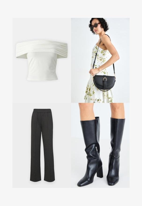 Top blanco sin mangas con cuello estructurado y plisado, y un torso ajustado. Confeccionado en un tejido suave con una textura lisa.; Pantalones negros de pierna recta con una cinturilla elástica, pliegues en la parte delantera, tela suave y sin patrones o detalles de hardware visibles.; Steve Madden SPEEDWAY - Botas - black; Bolso de piel negra con forma curva, correa desmontable y herrajes dorados. El bolso cuenta con una solapa con un detalle de hebilla.; Pendientes de aro plateados con un diseño redondo y liso, y un acabado pulido. Son delgados y ligeros, y cuentan con un sencillo cierre de gancho.