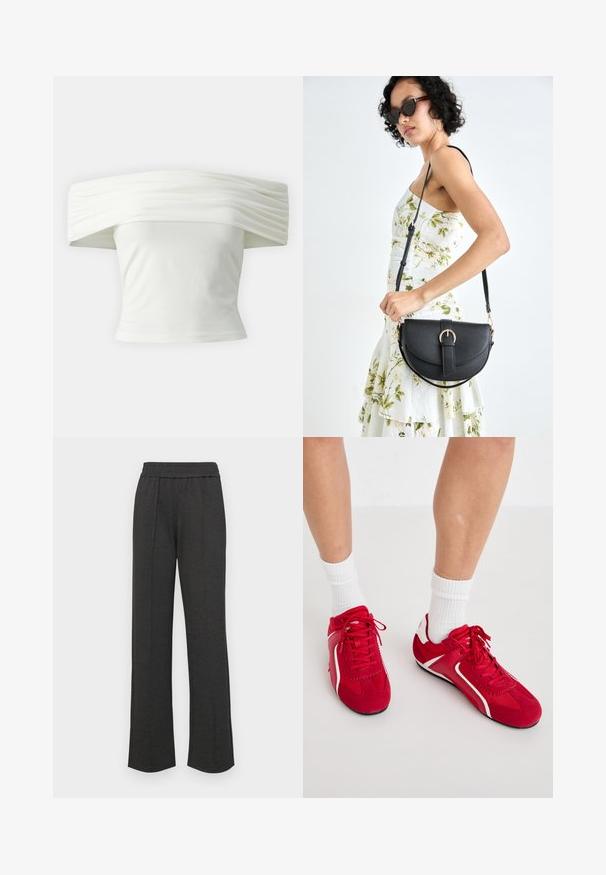 Off-shoulder hvit topp med plisserte, strukturerte ermer og tettsittende liv. Laget av mykt stoff med en jevn tekstur.; Svart rette bukser med elastisk liv, frontfolder, myk stoff, og uten synlige mønstre eller maskinvare detaljer.; Røde sportssko med hvite detaljer, laget av semsket skinn og mesh. Har snøring og teksturerte såler for grep.; Svart lærveske med en buet form, avtagbar stropp og gullbeslag. Vesken har et klaff med spenne-detall.
