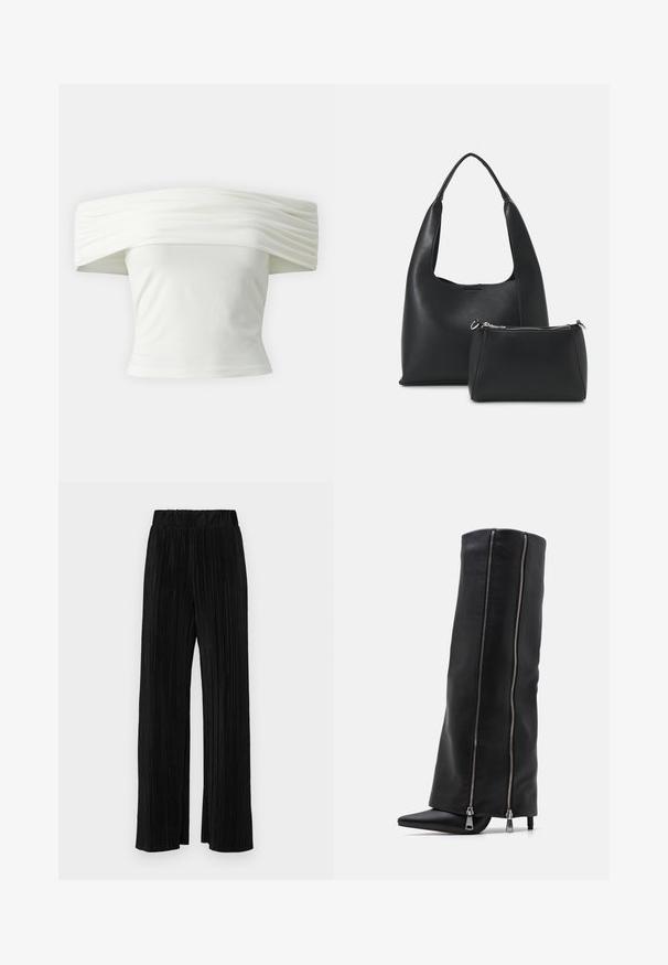 Top branco off-the-shoulder com decote plissado e estruturado e corpete ajustado. Feito de um tecido suave com uma textura lisa.; Calças pregueadas pretas com uma cintura elástica. Apresentam pernas largas e um tecido liso, texturizado com riscas verticais.; Simmi London FRANK - Botas de salto alto - black; Even&Odd Mala de mão - black