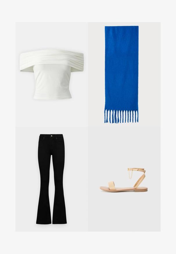 Bluză albă cu umerii la vedere, cu guler plisat și structurat, și bust ajustat. Realizată dintr-un material moale, cu o textură netedă.; Jeans negri cu talie înaltă, cu închidere prin nasture și fermoar, buzunare frontale și picioare evazate, așezați pe un fundal alb.; Sandalie plate bej cu o singură curea lată, curea pentru gleznă cu cataramă și detaliu decorativ din lanț. Textură netedă, asemănătoare cu pielea, și talpă plată.; Fular albastru cu ciucuri realizat dintr-un material moale; are o culoare solidă cu o suprafață texturată și ciucuri tăiați uniform în partea de jos.; Geantă din piele neagră, cu o formă curbată, curea detașabilă și accesorii aurii. Geanta are un capac cu un detaliu tip cataramă.