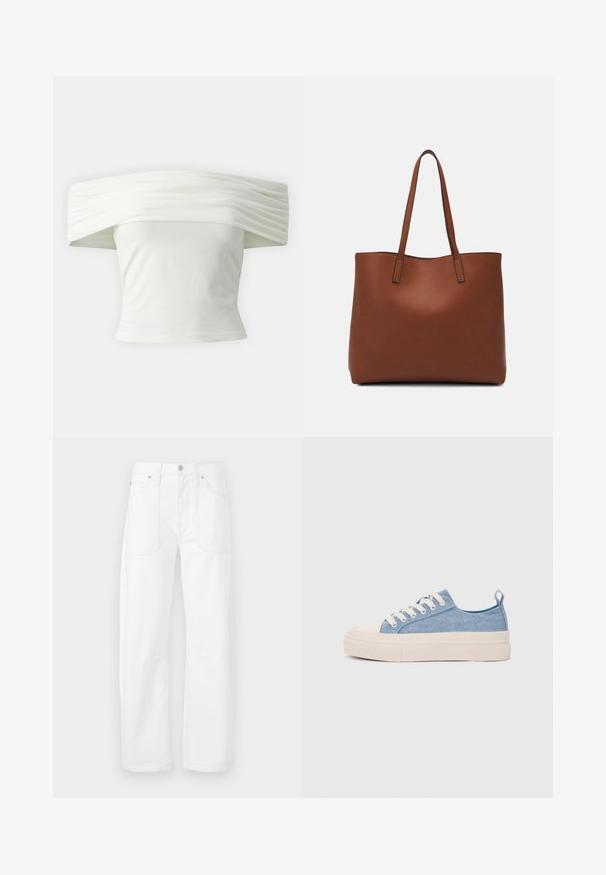 Bijela majica s nedovoljno ramena s nabranim, strukturiranim izrezom i uskim tijelom. Izrađena od mekanog materijala s glatkom teksturom.; Bijele traperice s ravnim krojem, kontrastnim narančastim šavovima, pet džepova te kopčanjem na gumb i patentni zatvarač.; Svijetloplave platnene tenisice s kremastim gumenim vrhom i potplatom, koje imaju bijele vezice i petnu traku.; Smeđa kožna torba preko ramena s glatkom teksturom, otvorenim vrhom i dvjema naramenicama. Ima minimalne šavove i nema vidljivog hardvera.