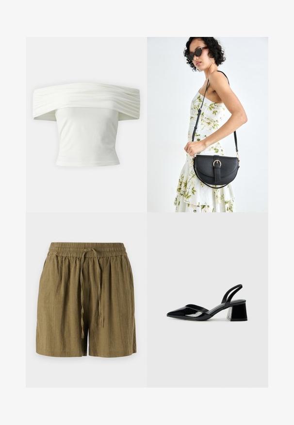 Balnko petnešos viršus su klostėta, struktūrine iškirpte ir prigludusia liemene. Pagamintas iš minkštos medžiagos su lygiu paviršiumi.; Alyvuogių žalios spalvos šortai, pagaminti iš lengvos medžiagos, su elastingu juosmeniu ir pritvirtinamu raiščiu, atsipalaidavusio, laisvo silueto.; Juodos lakuotos odinės šlepetės su smailiu pirštu ir geometriniu bloko kulnu. Turi elegantišką, minimalistinį dizainą ir lygų paviršių.; Juodas odinis krepšys su išlenkta forma, nuimamu dirželiu ir auksiniais detalėmis. Krepšys turi kilpą su sagtimi.