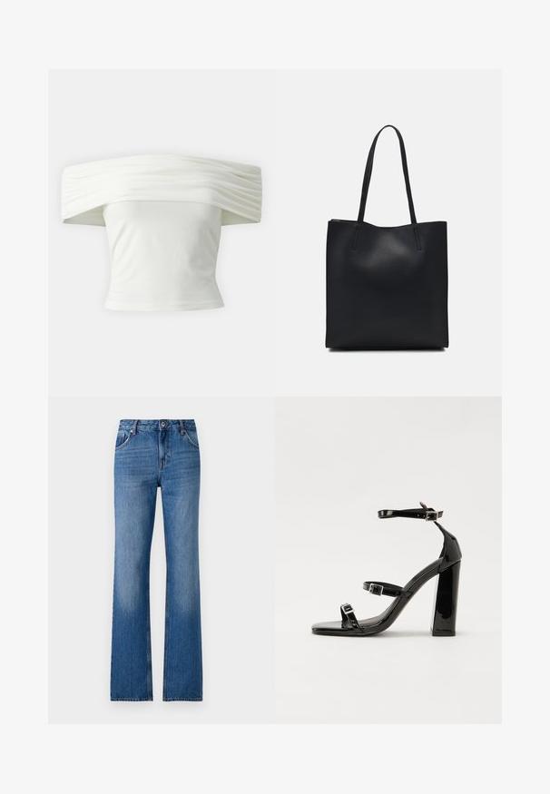 Bela majica s spuštenimi rameni, z nabranim in strukturiranim izrezom ter tesnim pasom. Narejena iz mehkega blaga z gladko teksturo.; Svijetloplave traperice s izrezima u obliku zvona, s pet džepova, zatvaranjem na gumbe i blagim istrošenim izgledom. Odvrsno široko otvaranje nogavica.; Črne lakirane sandale s peto, kvadratnim prstom, trakovi okrog gležnja in srebrnimi zaponkami. Opremljene so s stabilno Debelo peto.; Črna usnjena torba s svilnato teksturo, pravokotne oblike in dvema dolgima ročajema. Brez vidnih metalnih delov ali okrasnih elementov.