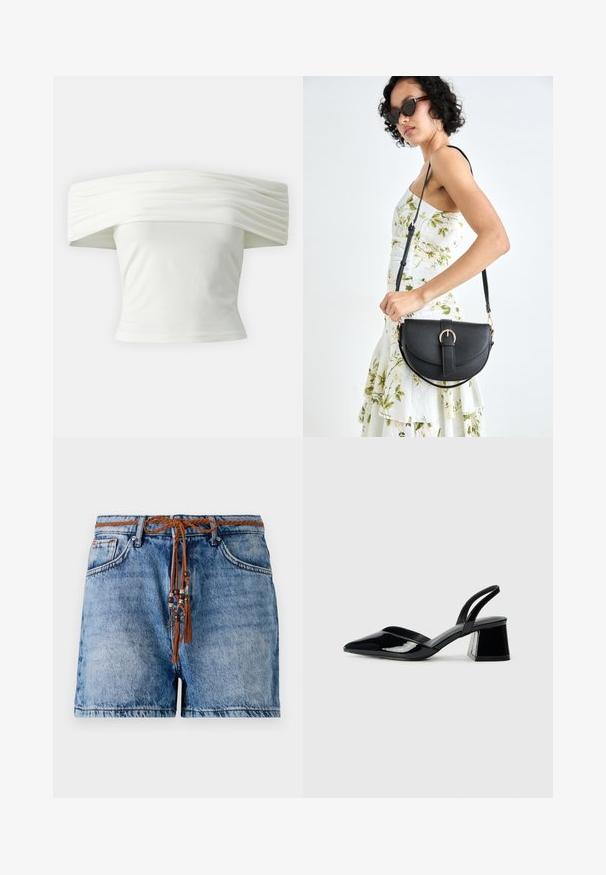 Bluză albă cu umerii la vedere, cu guler plisat și structurat, și bust ajustat. Realizată dintr-un material moale, cu o textură netedă.; Șorturi din denim de culoare albastru deschis, cu o croială lejeră, prevăzute cu un șnur împletit maro, decorat cu mărgele și ciucuri.; Pantofi cu toc slingback din piele lacuită neagră, cu vârf ascuțit și toc geometric. Prezintă un design elegant, minimalist și o textură netedă.; Geantă din piele neagră, cu o formă curbată, curea detașabilă și accesorii aurii. Geanta are un capac cu un detaliu tip cataramă.