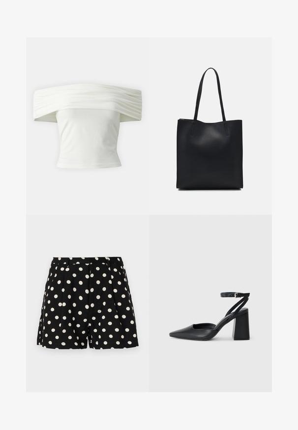 Hvid top med off-shoulder design, plisseret struktureret halsudskæring og tætsiddende liv. Fremstillet af blødt stof med en glat tekstur.; Sorte shorts med hvide prikker, der har folder foran og sidelommer. Fremstillet af et let materiale.; Sort læder spidse pumps med ankelrem og en chunky hæl. Flad tekstur, slankt design og minimalistisk æstetik.; Sort læder tote taske med glat tekstur, rektangulær form og to lange hanke. Ingen synlig hardware eller udsmykninger.