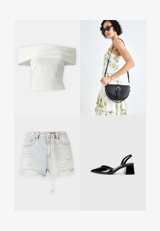 Top blanco sin mangas con cuello estructurado y plisado, y un torso ajustado. Confeccionado en un tejido suave con una textura lisa.; Pantalones cortos de denim en azul claro con detalles desgastados y dobladillos deshilachados. Cuenta con un cinturón decorativo de conchas y un cordón con acentos beige.; Zapatos de tacón slingback de charol negro con punta afilada y tacón geométrico en bloque. Presentan un diseño elegante y minimalista, así como una textura suave.; Bolso de piel negra con forma curva, correa desmontable y herrajes dorados. El bolso cuenta con una solapa con un detalle de hebilla.