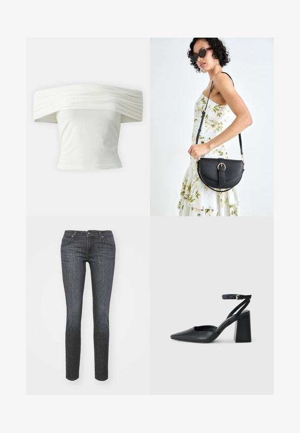 Váll alatt viselhető fehér blúz, redőzött, struktúrált dekoltázzsal és szabott, testhezálló fazonnal. Puha anyagból készült, sima textúrával.; Sötét szürke farmer skinny jeans, klasszikus öt zsebes dizájnnal, övhurkokkal, cipzáros záródással és enyhe kopással a textúra érdekében.; Fekete bőr, hegyes orrú magassarkú cipő boka pánttal és vastag sarokkal. Sima textúra, elegáns dizájn és minimális esztétika.; Fekete bőrtáska ívelt formával, levehető pánttal és arany színű fémrészekkel. A táskán egy csattal díszített fedél található.