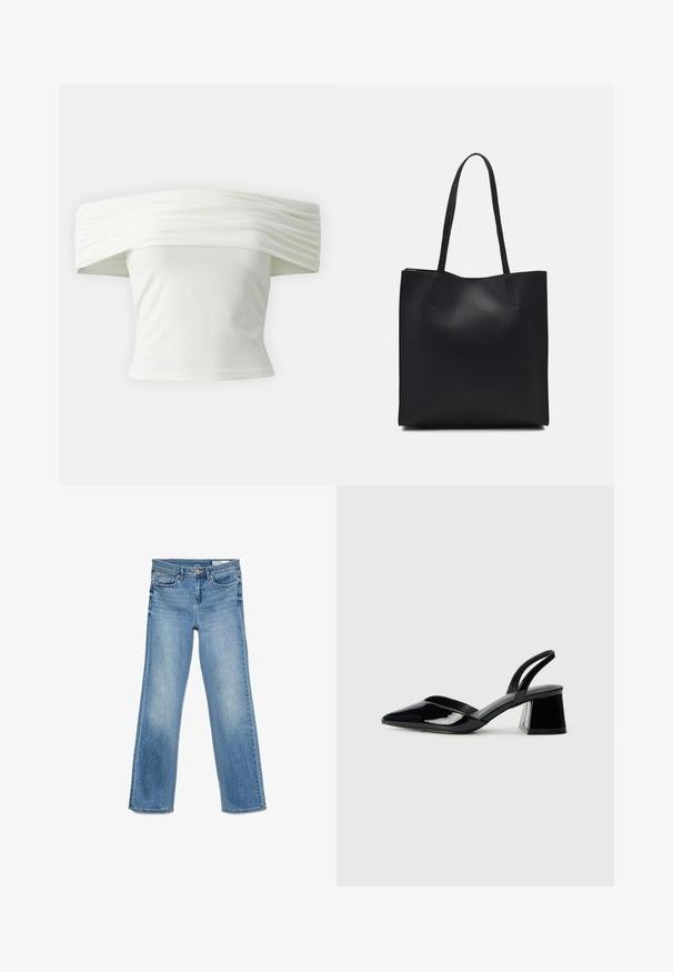 Off-shoulder hvit topp med plisserte, strukturerte ermer og tettsittende liv. Laget av mykt stoff med en jevn tekstur.; Lyseblå denimjeans med klassisk fem-lommedesign, knapp- og glidelås-lukking, og rett passform.; Svarte patentlær slingback hæler med spiss tå og geometrisk blokk hæl. Har et stilrent, minimalistisk design og jevn tekstur.; Svart lær tote bag med glatt tekstur, rektangulær form og to lange håndtak. Ingen synlige deler eller dekorasjoner.