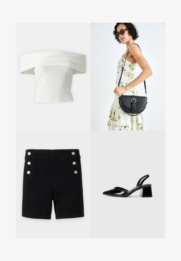 Bijela majica s nedovoljno ramena s nabranim, strukturiranim izrezom i uskim tijelom. Izrađena od mekanog materijala s glatkom teksturom.; Crne traper hlače s visokim strukom, s zlatnim gumbima sa strane, dizajn s pet džepova i ravnim rubom.; Crne lakirane kožne sandale s otvorenom petom i špicastim vrhom, s geometrijskom blok petom. Imaju elegantan, minimalistički dizajn i glatku teksturu.; Crna kožna torba s lukovitim oblikom, odvojivim remenom i zlatnim detaljima. Torba ima preklop s kopčom.