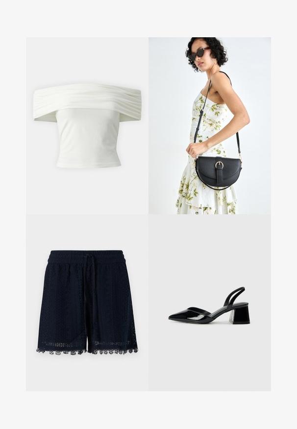 Õlavarrelt avatud valge topp, millel on volditud, struktureeritud kaelus ja istuv bodi. Valmistatud pehmest kangast, millel on sile tekstuur.; Tumesinised lühikesed püksid, mis on valmistatud heegeldatud kangast, millel on tekstuuriline muster ja pitsäär. Painduva vöökoha ja nööriga.; Mustad musta lakknahk kingad, millel on terav varvas ja geomeetriline plokkkonts. Omab elegantselt minimalistlikku disaini ja sujuvat tekstuuri.; Mustmust mustraha kõverate joontega, eemaldatava rihmaga ja kuldsete detailidega. Kotil on klapp, millel on pandladetail.