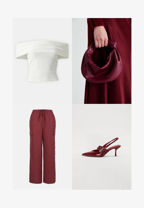 Bela majica s spuštenimi rameni, z nabranim in strukturiranim izrezom ter tesnim pasom. Narejena iz mehkega blaga z gladko teksturo.; Burgundske cargo hlače iz lahkega materiala, z elastičnim pasom, širokimi nogavicami in dvema stranskima cargo žepoma.; Rde lakirane sandalete na peto s ostrim nosom, dvema sponkami in tanko, srednje visokim peto središče. Gladka tekstura.; Bordo usnjeni ročni torbici s mehak, nabrana zasnova in okrogla oblika. Ročaj je varen in prikazuje gladko teksturo.