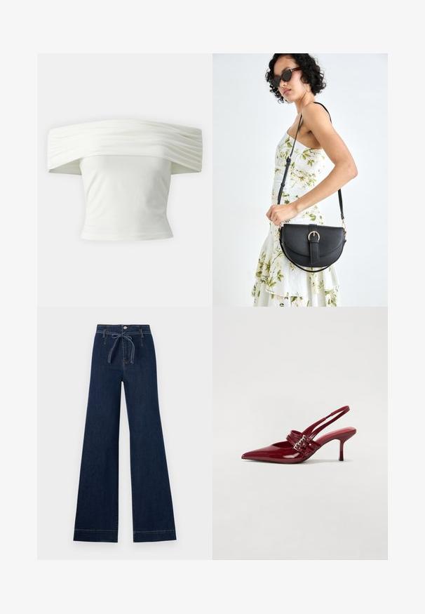 Top branco off-the-shoulder com decote plissado e estruturado e corpete ajustado. Feito de um tecido suave com uma textura lisa.; Calças largas de ganga escuras com uma cintura alta, fecho de botão frontal e cordão ajustável. Apresenta um acabamento limpo nas bainhas.; Sapatos de salto slingback em verniz vermelho, com bico fino, duas tiras com fivela e um salto stiletto fino de altura média. Textura suave.; Bolsa de couro preta com forma curva, alça destacável e detalhes em dourado. A bolsa possui uma aba com detalhe de fivela.