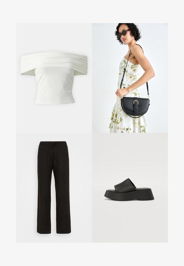 Top blanco sin mangas con cuello estructurado y plisado, y un torso ajustado. Confeccionado en un tejido suave con una textura lisa.; Pantalones de lino negros con un corte relajado, que presentan una cinturilla elástica y un cordón ajustable. Textura suave y diseño de pierna ancha.; Sandalias de plataforma negras con una correa ancha y suela gruesa. Fabricadas con material suave con un acabado mate y sin herrajes visibles.; Bolso de piel negra con forma curva, correa desmontable y herrajes dorados. El bolso cuenta con una solapa con un detalle de hebilla.