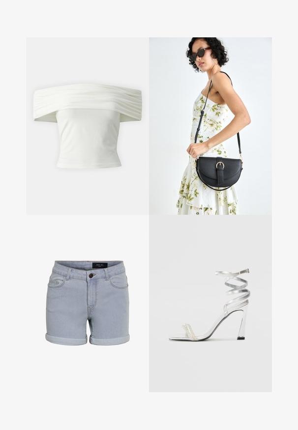 Balta blūze ar atvērtām plecu daļām un plēktām, strukturētām kakla izgriezumiem, kā arī pieguļošu modeli. Izgatavota no mīksta auduma ar gludu tekstūru.; Gaiši zili džinsu šorti ar salocītu apakšmalu, kuros ir piecas kabatas un pogu aizdare. Audumam ir gluda virsma un smalki izšuvumi.; Sudrabaini augstpapēžu sūna ar spīdīgu siksnu dizainu, kurā ir pērlēm līdzīgs akcents un spirālveida potītes siksna drošai pieguvei.; Melnas ādas rokassoma ar izliekta formu, noņemamu siksnu un zelta aksesuāriem. Somai ir vāciņš ar sprādzes detaļu.