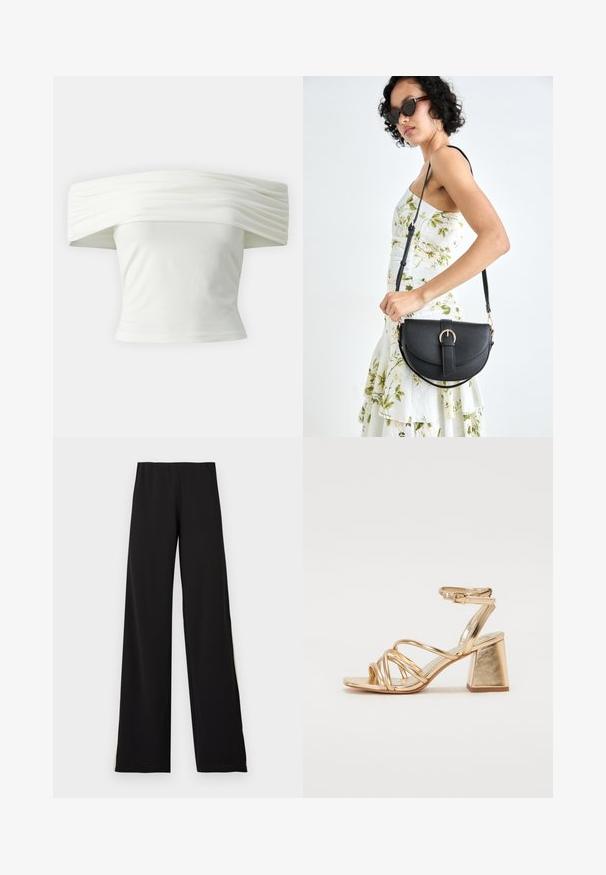 Off-the-shoulder white top with pleated, structured neckline and fitted bodice. Made from soft fabric with a smooth texture.; Black wide-leg pants made of soft fabric, featuring an elastic waistband and a smooth texture with a clean silhouette.; Gold metallic heeled sandals featuring a strappy design, square block heel, and adjustable ankle strap with a buckle. Smooth texture.; Black leather handbag with a curved shape, detachable strap, and gold hardware. The bag features a flap with a buckle detail.