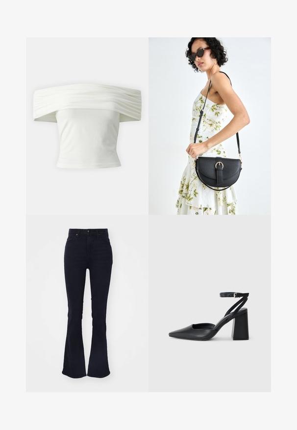 Off-the-shoulder white top with pleated, structured neckline and fitted bodice. Made from soft fabric with a smooth texture.; Dark blue flared jeans with a high waist, made of denim, featuring classic five-pocket styling and a zip fly closure.; Black leather pointy-toe pump with an ankle strap and a chunky heel. Flat texture, sleek design, and minimalistic aesthetics.; Black leather handbag with a curved shape, detachable strap, and gold hardware. The bag features a flap with a buckle detail.