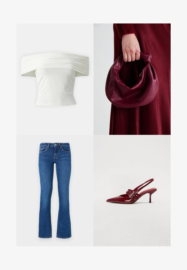 Off-the-shoulder white top with pleated, structured neckline and fitted bodice. Made from soft fabric with a smooth texture.; Flared denim jeans in medium blue with a subtle texture. Features five pockets, a front zipper, and contrasting stitching along the seams.; Red patent leather slingback heels with a pointed toe, two buckle straps, and a slim, mid-height stiletto heel. Smooth texture.; Burgundy leather handbag with a soft, gathered design and a rounded shape. The handle is secured, showcasing a smooth texture.