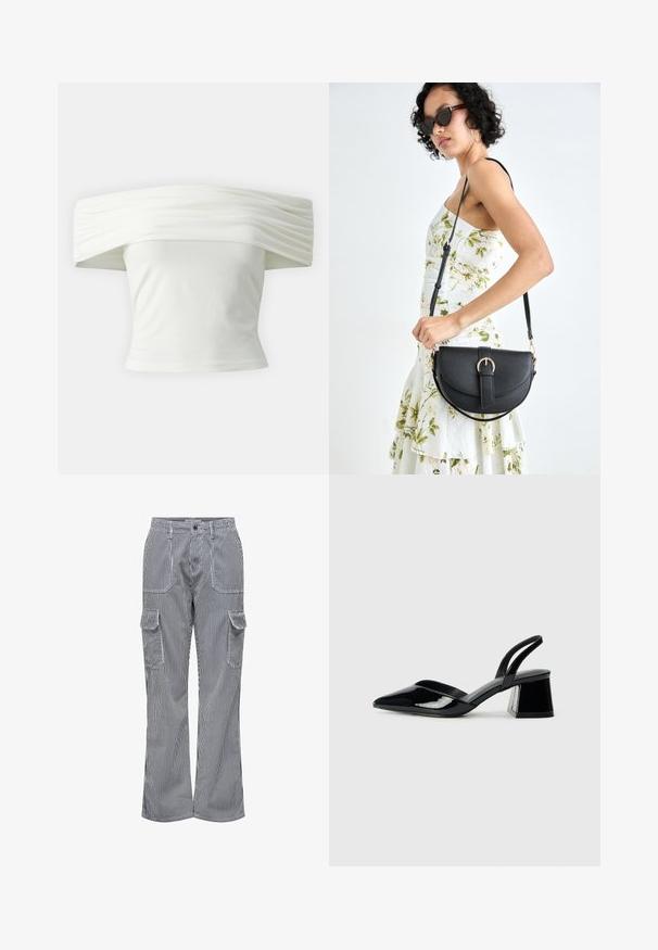 Off-the-shoulder witte top met geplooide, gestructureerde halslijn en aansluitende lijfje. Gemaakt van zachte stof met een gladde textuur.; Katoenen cargobroek in een blauw-wit verticale streep. Beschikt over twee voorzakken en twee zijcargozakken. Hoge taille en losse pasvorm.; Zwarte gepatineerde leren slingback hakken met een spitse neus en een geometrische blokhak. Kenmerkt zich door een slank, minimalistisch ontwerp en een gladde textuur.; Zwarte leren handtas met een gebogen vorm, afneembare schouderband en gouden hardware. De tas heeft een klep met een gespsluiting.