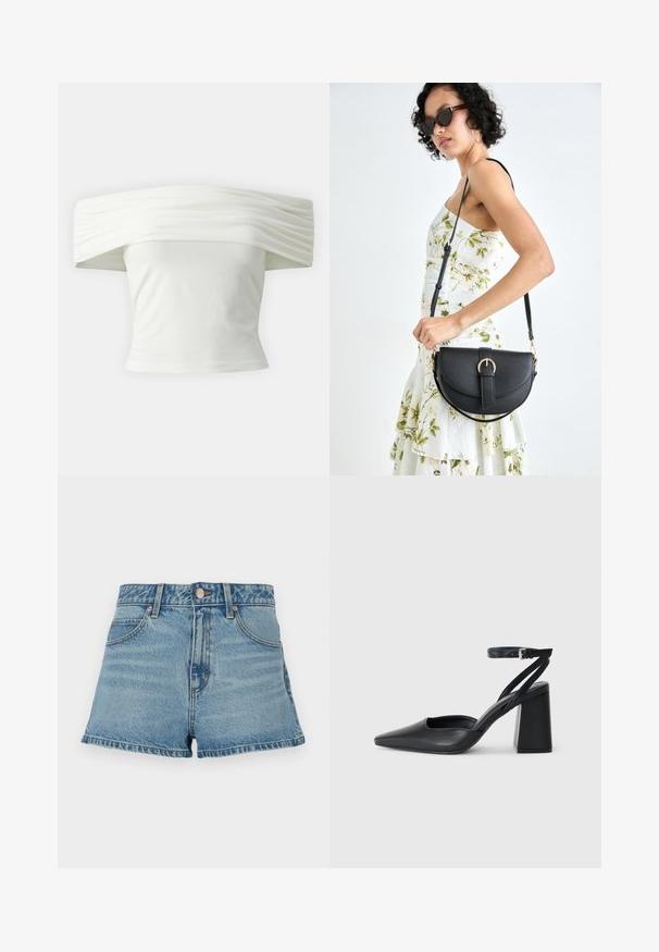 Váll alatt viselhető fehér blúz, redőzött, struktúrált dekoltázzsal és szabott, testhezálló fazonnal. Puha anyagból készült, sima textúrával.; Világoskék farmer rövidnadrág magas derékkal, rojtos szegéllyel, kontrasztos varrással és elülső zsebekkel. Tartalmaz egy fém gombot és márkacímkét.; Fekete bőr, hegyes orrú magassarkú cipő boka pánttal és vastag sarokkal. Sima textúra, elegáns dizájn és minimális esztétika.; Fekete bőrtáska ívelt formával, levehető pánttal és arany színű fémrészekkel. A táskán egy csattal díszített fedél található.
