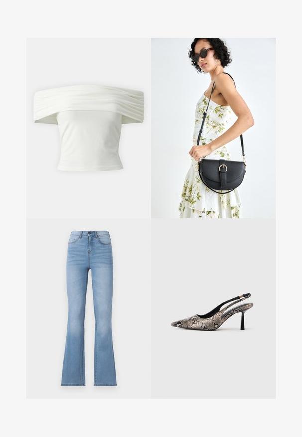 Bela majica s spuštenimi rameni, z nabranim in strukturiranim izrezom ter tesnim pasom. Narejena iz mehkega blaga z gladko teksturo.; Svijetloplave traperice visokog struka s raširenim nogavicama, s prednjim džepovima, papirom s oznakom i šavovima duž šavova.; Cipele s izrezanim leđima i uskim potplatom, s karakterističnim oblikom na vrhu i teksturiranim uzorkom zmijske kože, imaju tanke crne potpetice i otvoreni dizajn sa strane.; Črna usnjena torbica s ukrivljeno obliko, z odstranljivo naramnico in zlatimi dodatki. Torbica ima pokrov s podrobnostmi v obliki zaponke.; Srebrne obročaste uhane z gladkim, okroglim dizajnom in poliranim zaključkom. So tanke in lahke, z enostavnim zapiranjem na sponko.