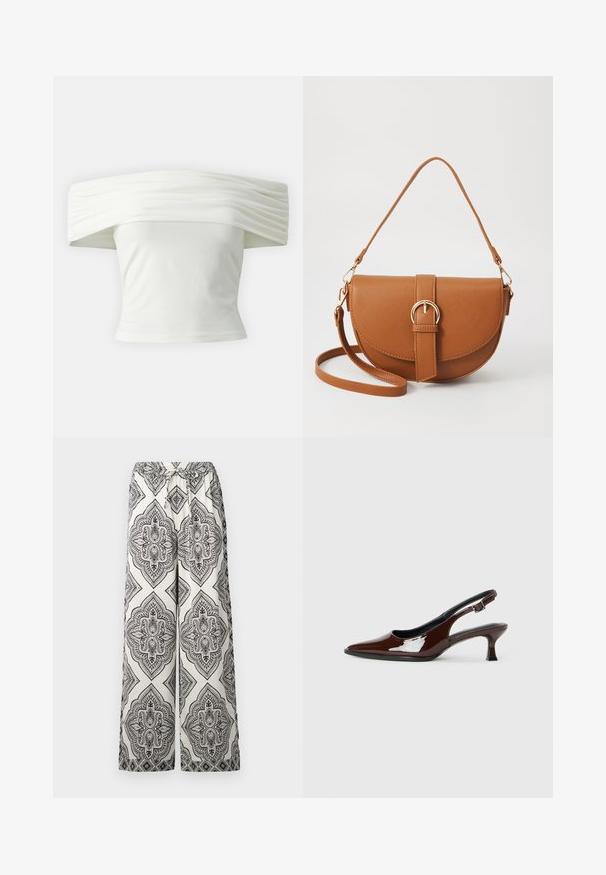 Haut blanc décolleté avec un col structuré plissé et un buste ajusté. Fabriqué en tissu doux avec une texture lisse.; Pantalons à jambes larges en crème avec un motif de diamant orné noir. Dotés d'une taille élastique avec un lien décoratif et d'une texture lisse.; Chaussure slingback en cuir verni marron avec un bout pointu et un talon modéré. Elle est dotée d'une sangle à boucle pour un ajustement sécuritaire. Texture lisse.; Sac bandoulière en cuir marron avec une forme incurvée, quincaillerie dorée et un accent en boucle. Comprend une bandoulière détachable.