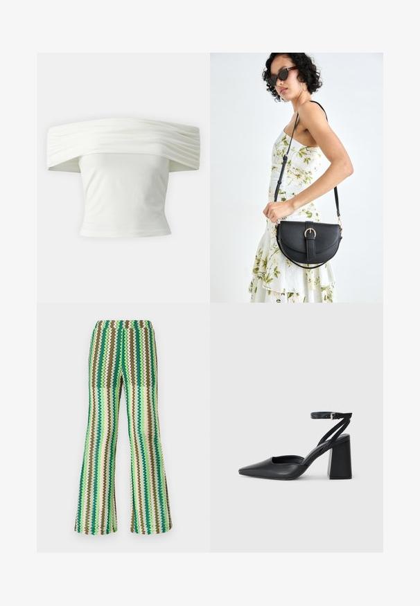 Off-the-shoulder white top with pleated, structured neckline and fitted bodice. Made from soft fabric with a smooth texture.; Knit flared pants featuring a zigzag pattern in shades of green, brown, and cream; stretchy waistband; textured surface.; Black leather pointy-toe pump with an ankle strap and a chunky heel. Flat texture, sleek design, and minimalistic aesthetics.; Black leather handbag with a curved shape, detachable strap, and gold hardware. The bag features a flap with a buckle detail.